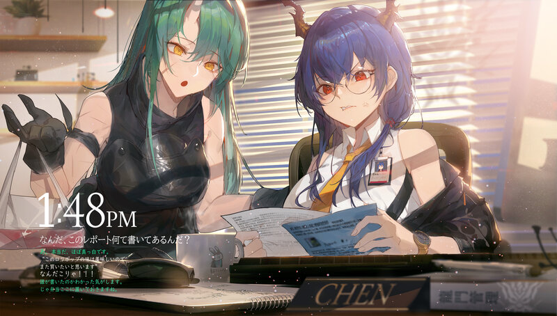 Two Anime Girls at Desk — Blue