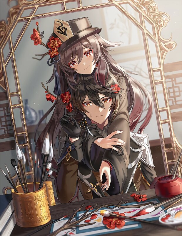 Two Anime Girls at Desk — Brown