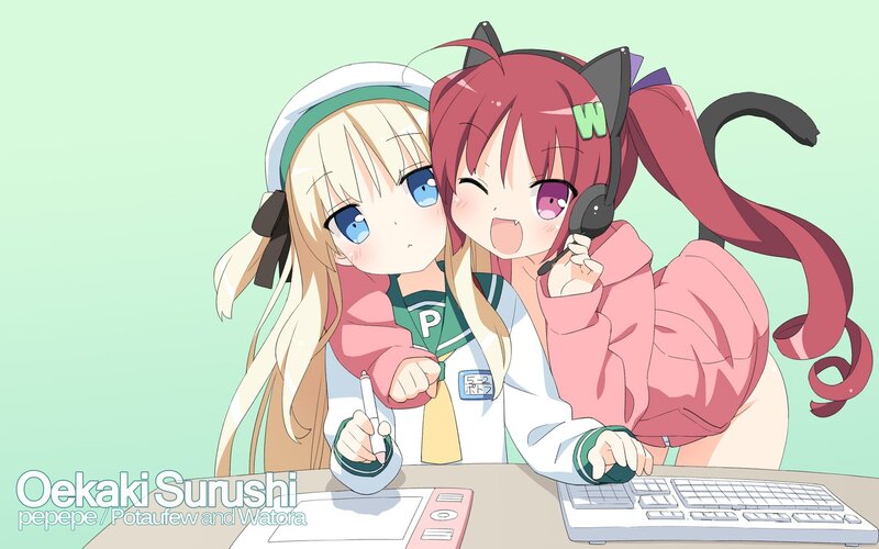 Two Anime Girls at Desk — Green
