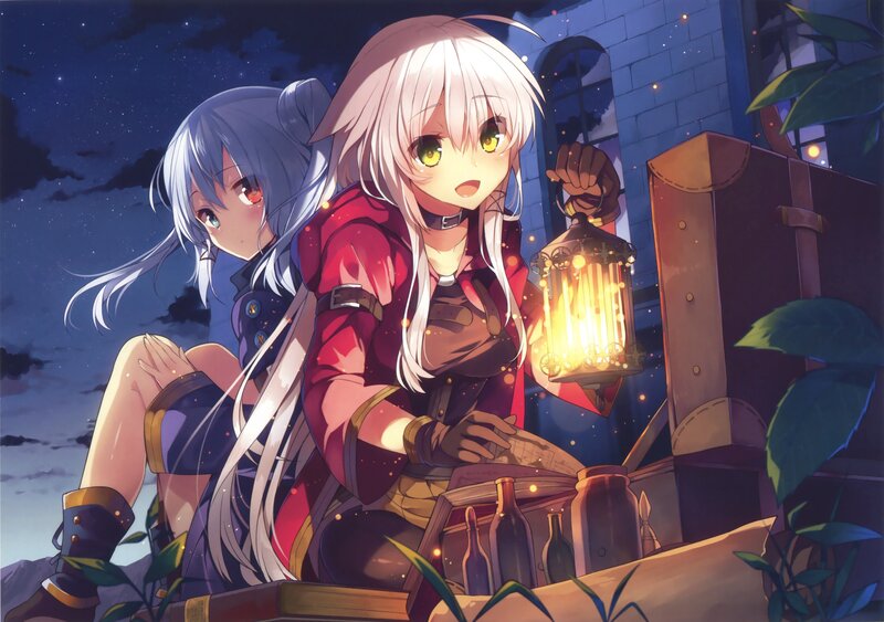 Two Anime Girls at Night — Blue, Calm, Lantern