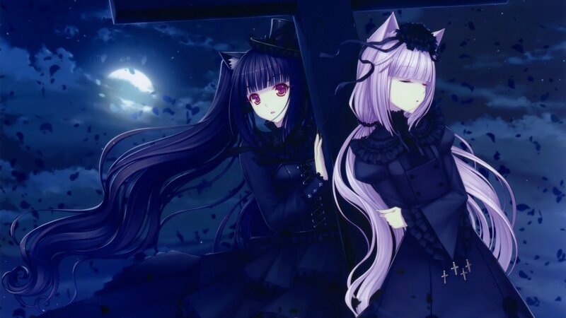 Two Anime Girls at Night — Blue, Dark, Moon, Clouds
