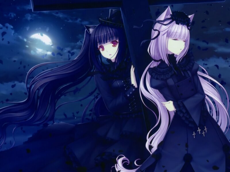 Two Anime Girls at Night — Blue, Dark, Moon