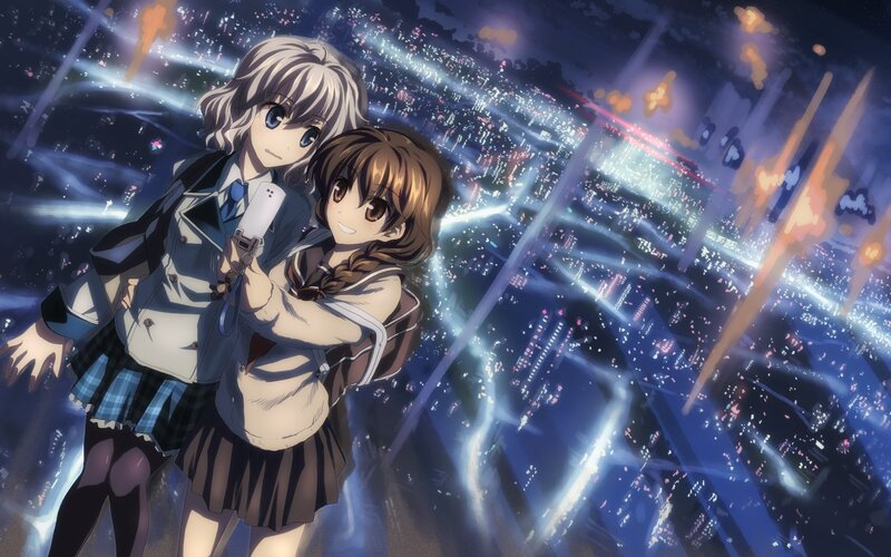 Two Anime Girls at Night — Blue, Dramatic, Cityscape
