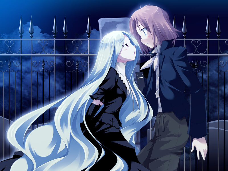 Two Anime Girls at Night — Blue, Dramatic, Fence