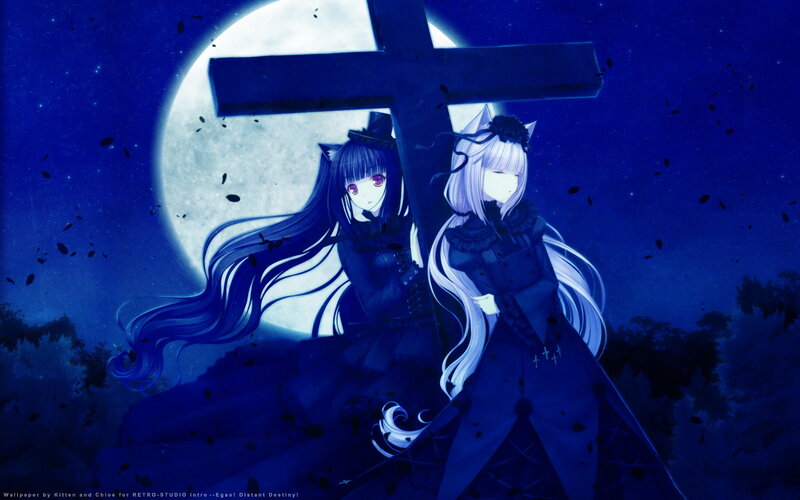 Two Anime Girls at Night — Blue, Dramatic, Moon, Cross