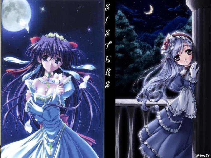 Two Anime Girls at Night — Blue, Serene, Moon, Stars