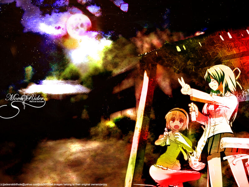 Two Anime Girls at Night — Purple, Dramatic, Moon, Fireworks