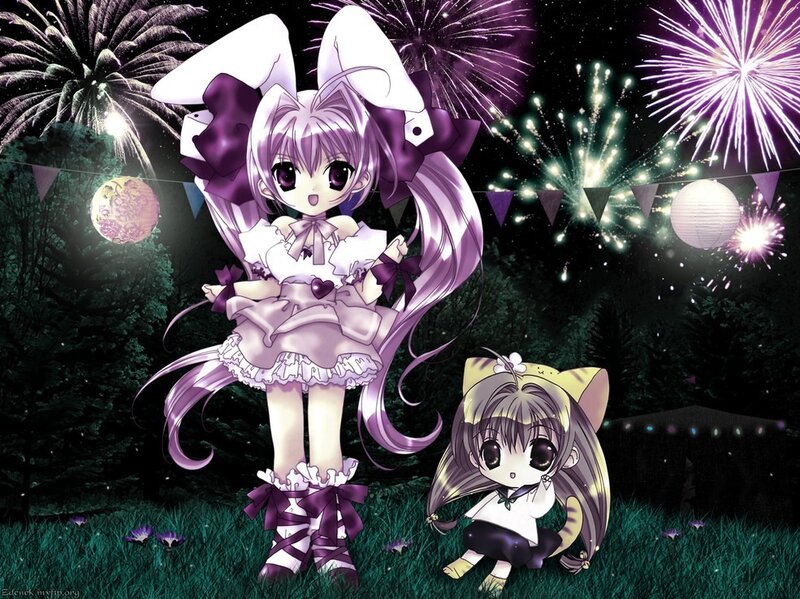 Two Anime Girls at Night — Purple, Festive