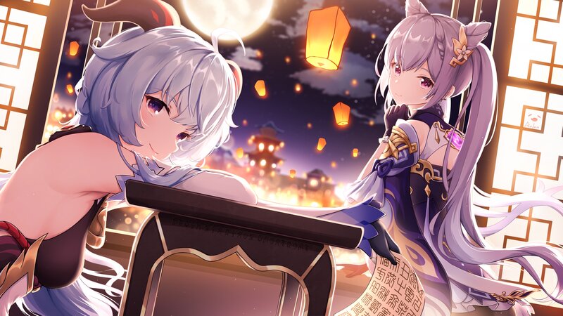 Two Anime Girls at Night — Purple, Serene, Digital Art, Lanterns