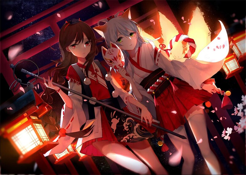 Two Anime Girls at Night — Red, Dramatic