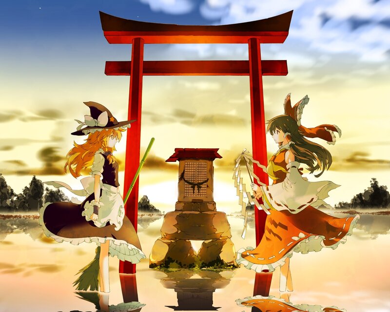 Two Anime Girls at Shrine — Red, Serene