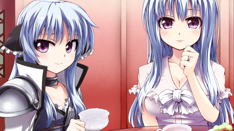 Two Anime Girls at Table — Blue, Calm