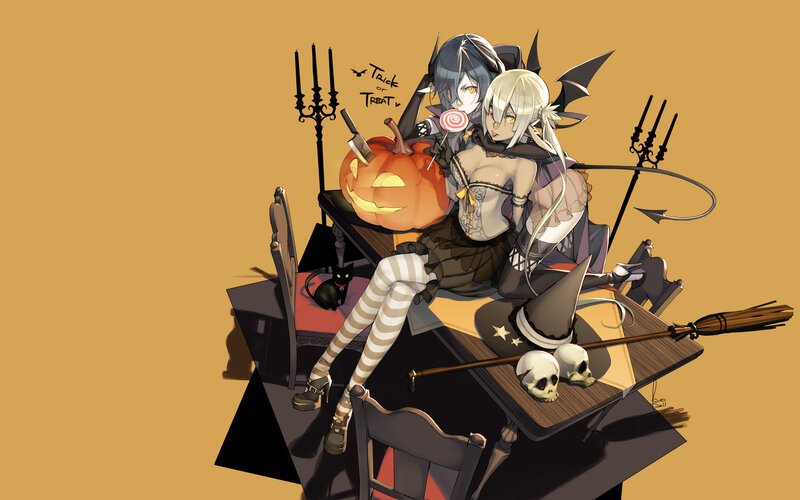 Two Anime Girls at Table — Brown