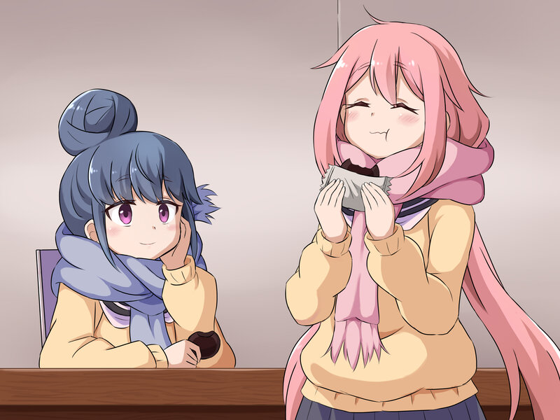 Two Anime Girls at Table — Pink, Calm