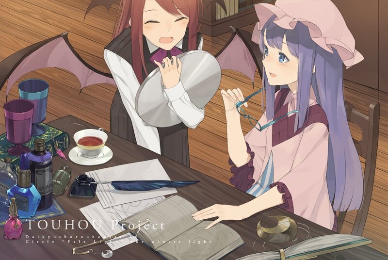 Two Anime Girls at Table — Purple, Calm