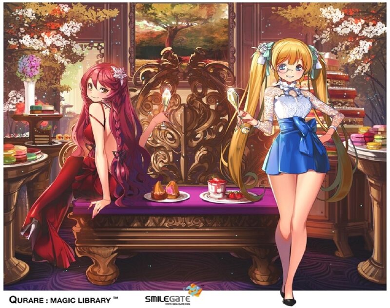 Two Anime Girls at Table — Purple, Elegant