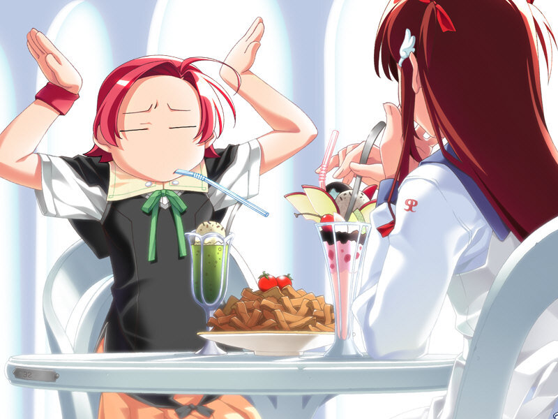 Two Anime Girls at Table — Red