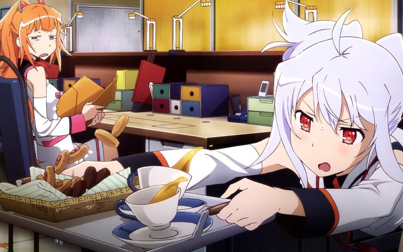 Two Anime Girls at Table — White, Chaotic
