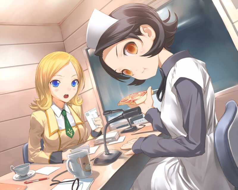 Two Anime Girls at Table — Yellow, Calm