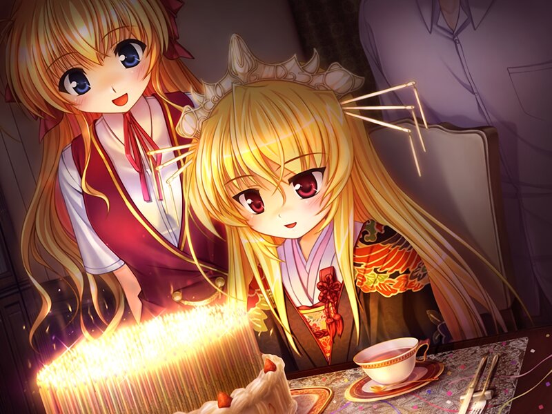Two Anime Girls at Table — Yellow, Celebratory