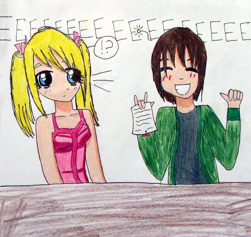 Two Anime Girls at Table — Yellow