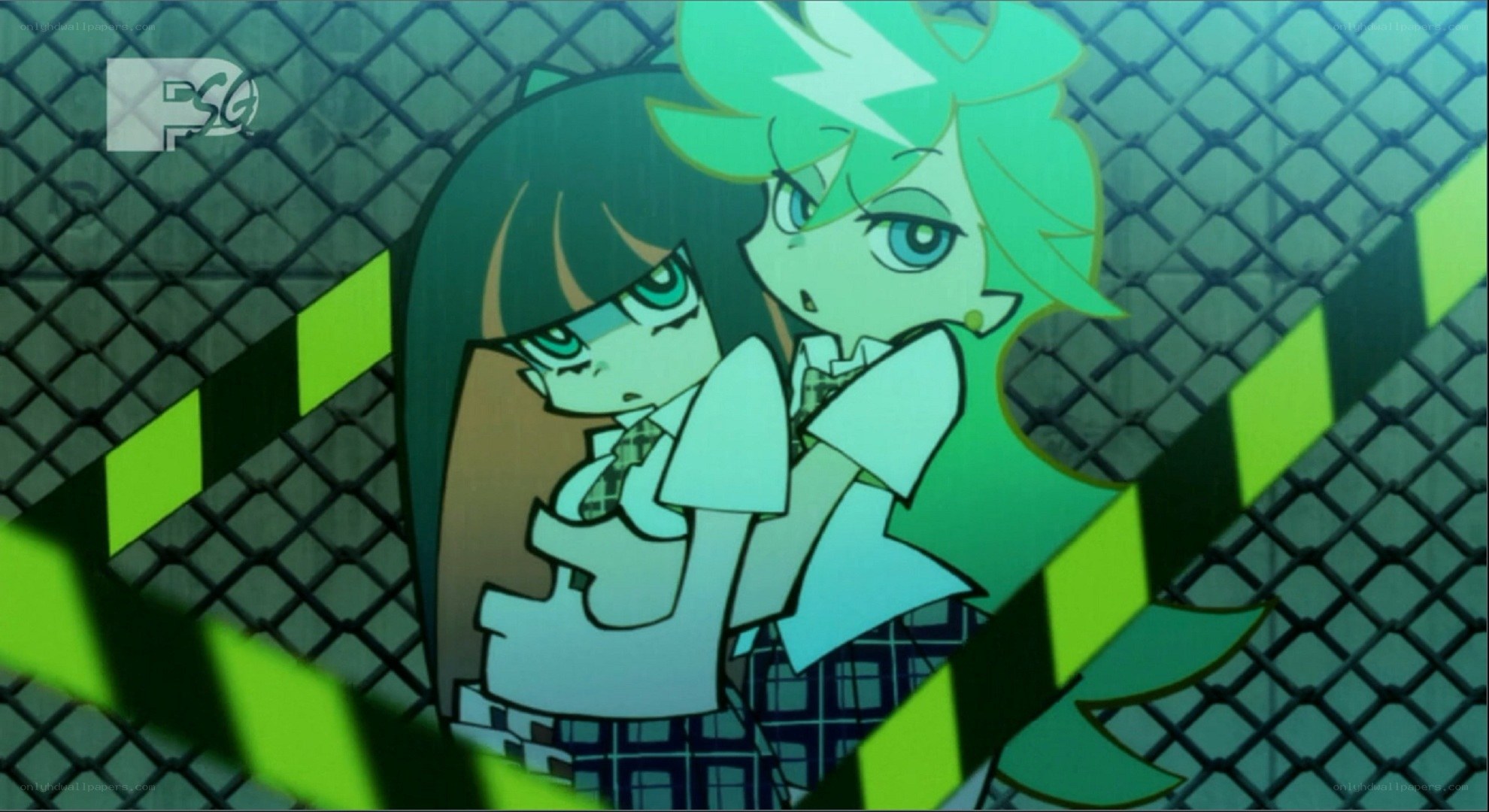 two anime girls behind fence