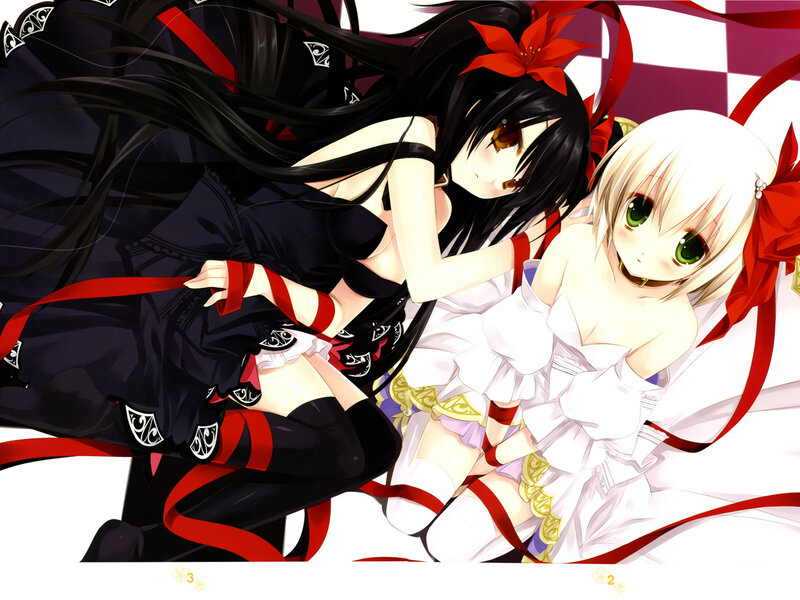 Two Anime Girls — Black, Dramatic, Black Hair, White Dress