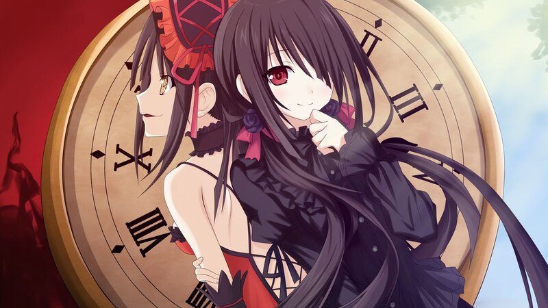 Two Anime Girls — Black, Dramatic, Clock, Red Background, Blue Sky