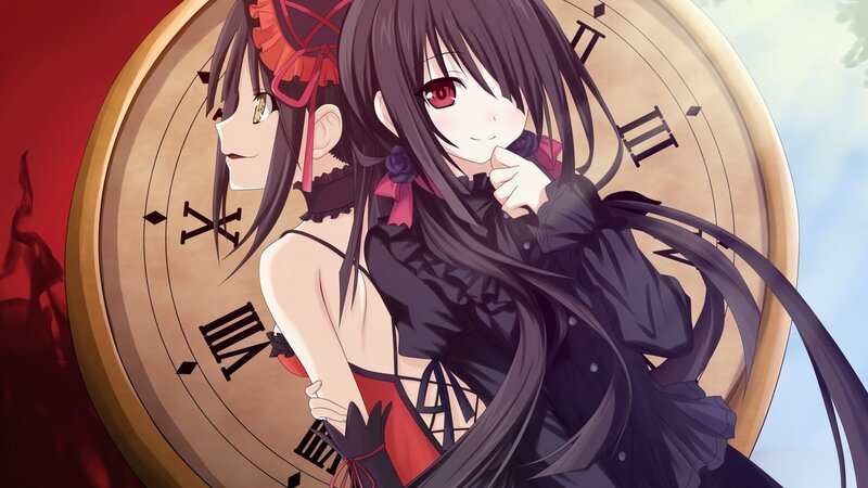 Two Anime Girls — Black, Dramatic, Clock, Red Background