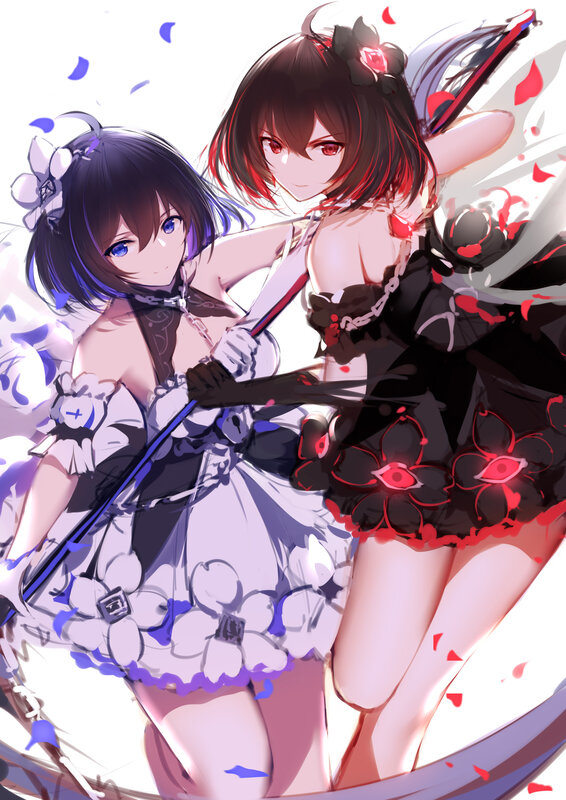 Two Anime Girls — Black, Dramatic, Flowers