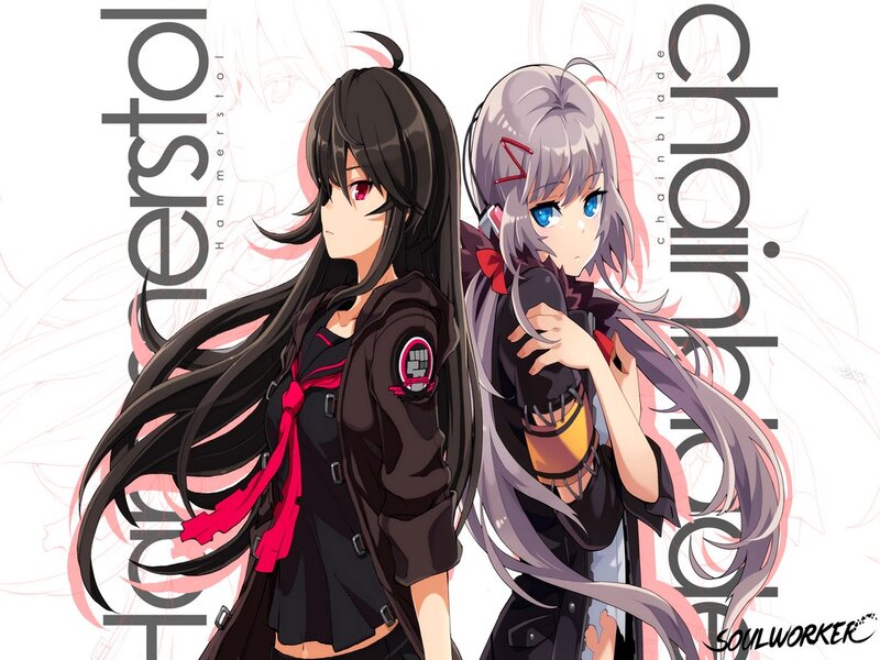 Two Anime Girls — Black, Dramatic, Long Hair, Red Eyes, Blue Eyes