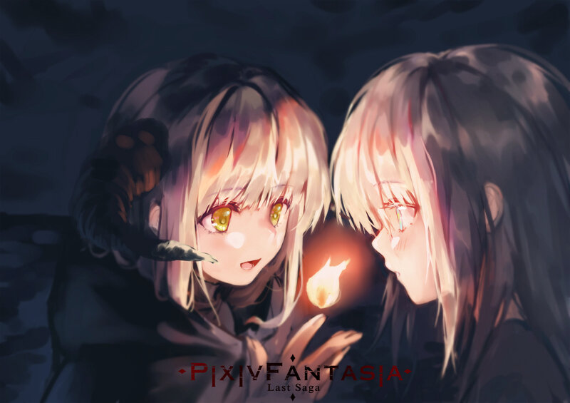 Two Anime Girls — Black, Dramatic, Night, Digital Art, Fire