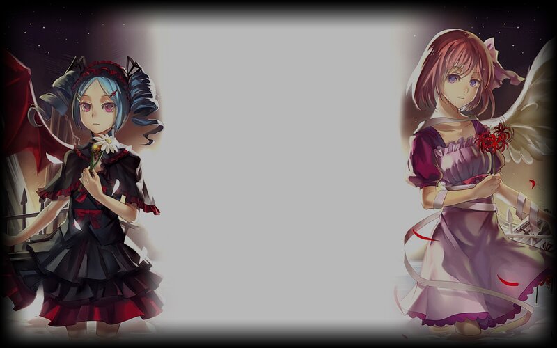 Two Anime Girls — Black, Dramatic, Night, Digital Art, Flowers