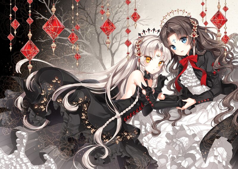 Two Anime Girls — Black, Dramatic, Night, Digital Art, Red Lanterns