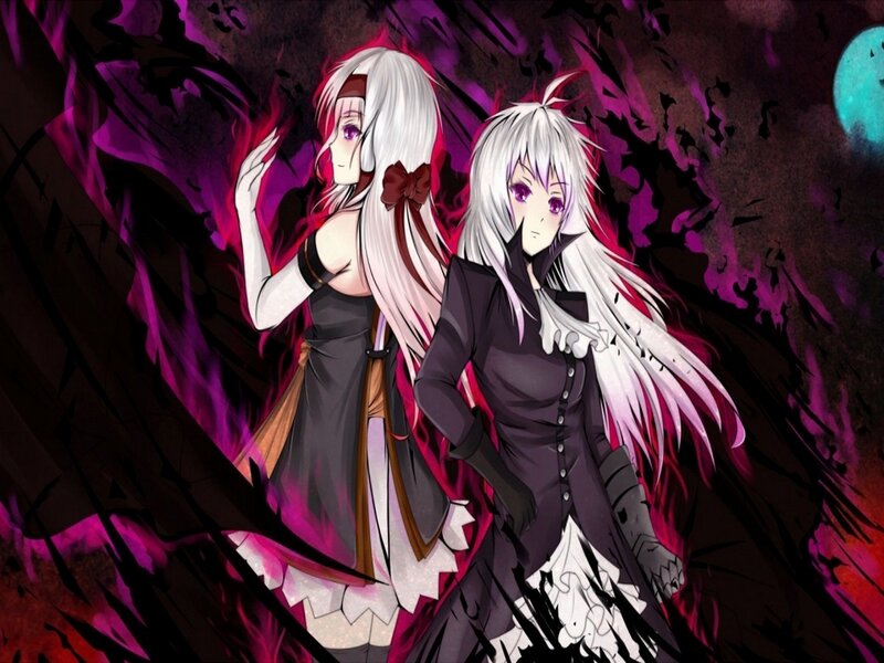 Two Anime Girls — Black, Dramatic, Night, White Hair