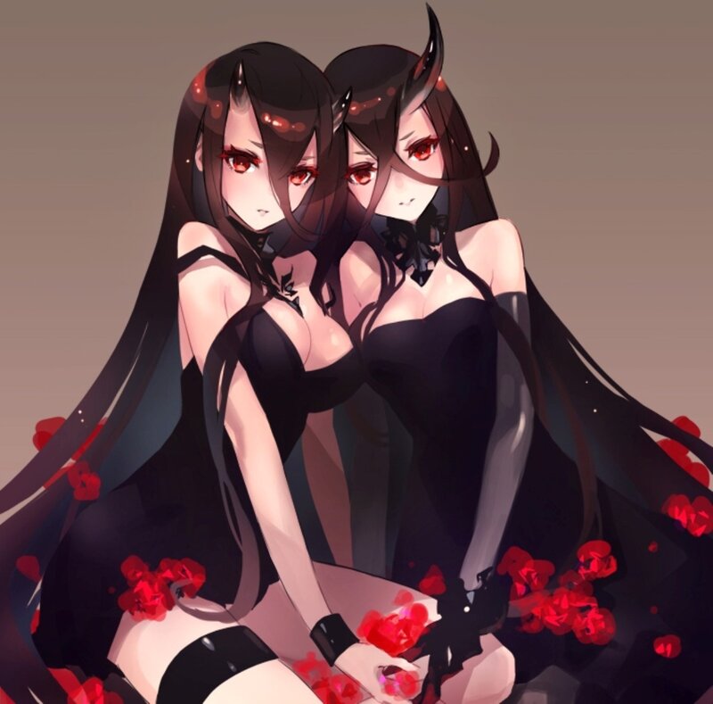 Two Anime Girls — Black, Dramatic, Red Eyes