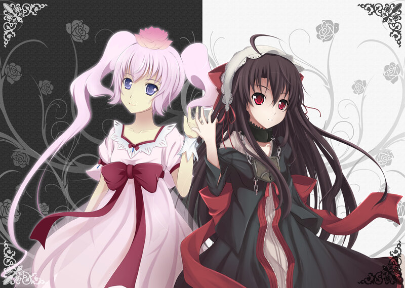 Two Anime Girls — Black, Dramatic, Roses