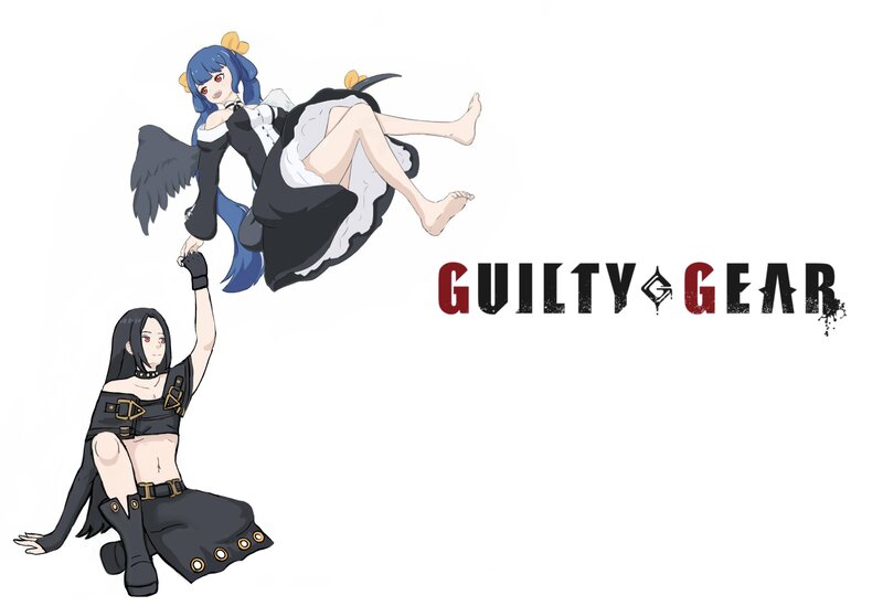 Two Anime Girls — Black, Dramatic, Wings, Dress