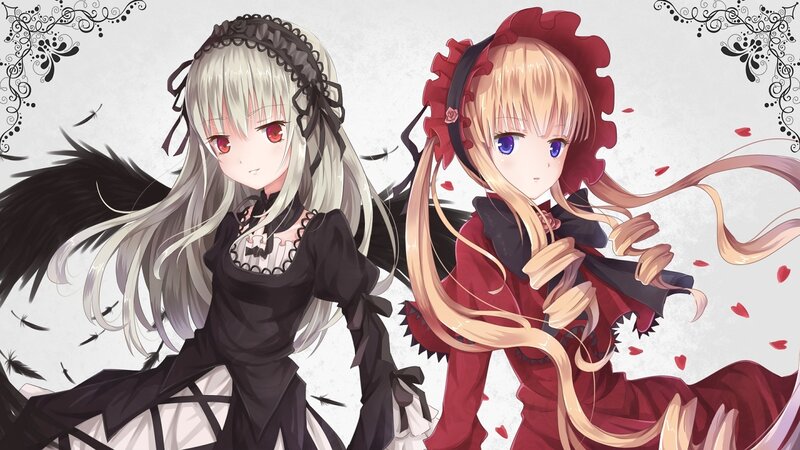 Two Anime Girls — Black, Dramatic, Wings, Hearts