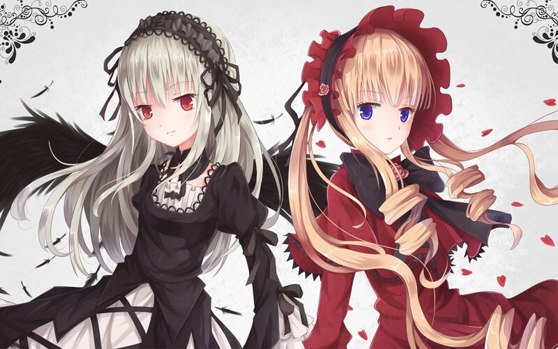 Two Anime Girls — Black, Dramatic, Wings