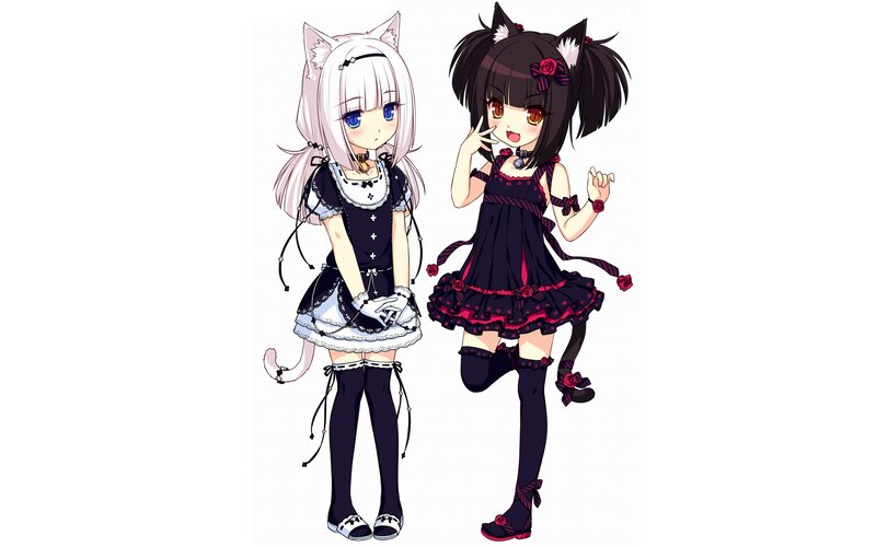 Two Anime Girls — Black, Playful, Cat Ears, Cat Tails, Dresses