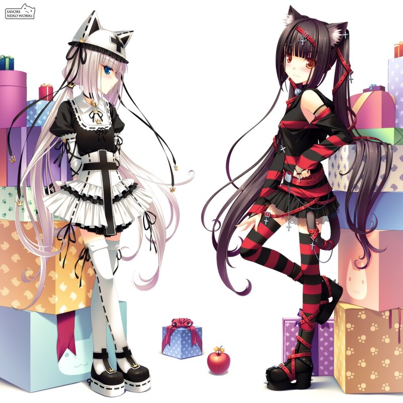 Two Anime Girls — Black, Playful, Gift Boxes, Cat Ears