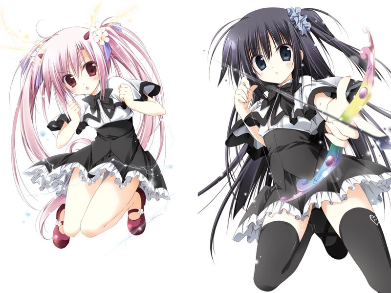 Two Anime Girls — Black, Playful, School Uniform, Bows