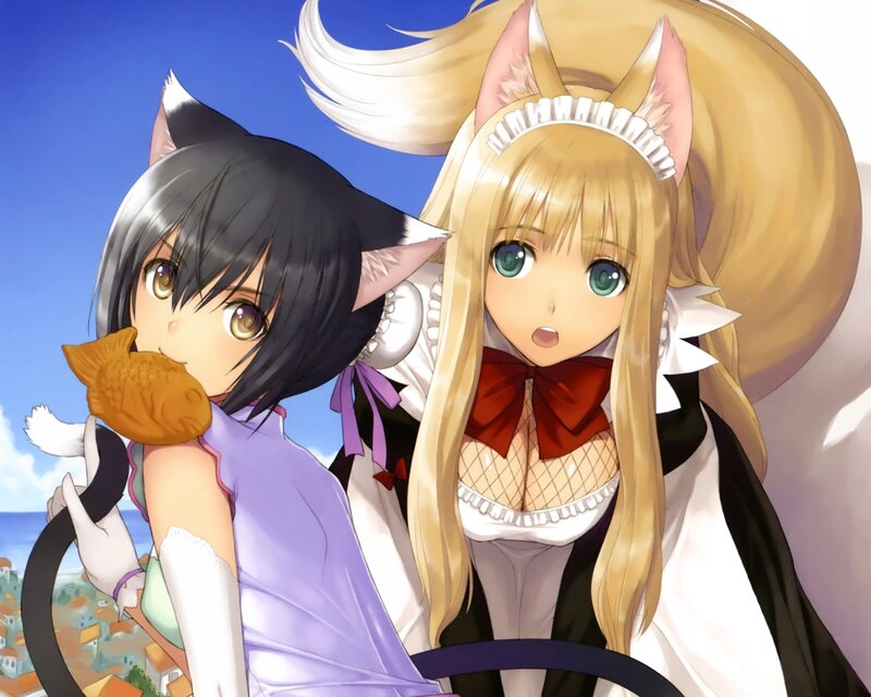Two Anime Girls — Blue, Bright, Afternoon, Cat Ears