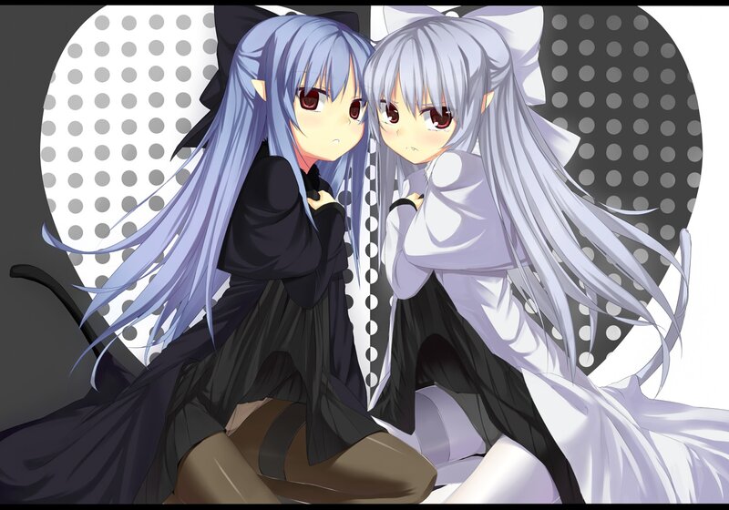 Two Anime Girls — Blue, Calm, Long Hair, Cat Ears, Bows