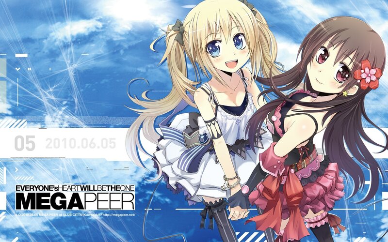 Two Anime Girls — Blue, Cheerful, Afternoon, Sky, Flowers