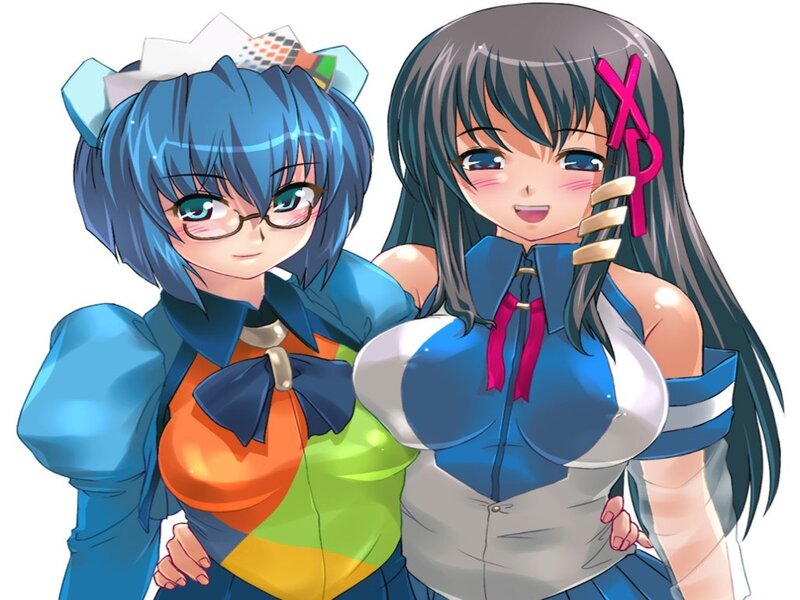 Two Anime Girls — Blue, Cheerful, Glasses, Bows