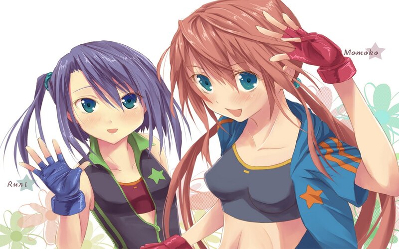 Two Anime Girls — Blue, Cheerful, Gloves