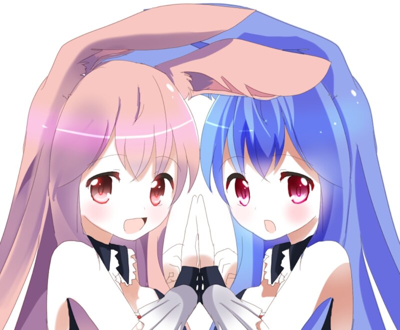Two Anime Girls — Blue, Cheerful, Long Hair, Red Eyes