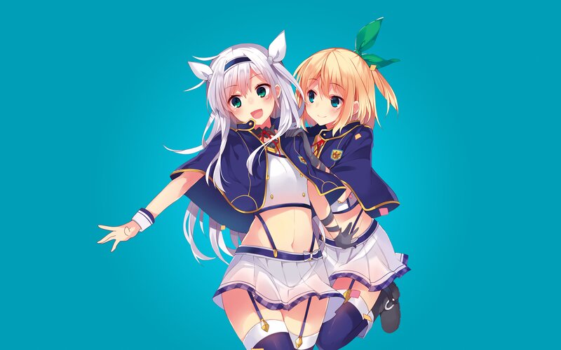 Two Anime Girls — Blue, Cheerful, School Uniform, Animal Ears